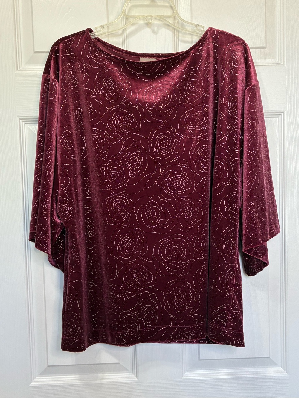 Chico’s Velvet Boat Neck Top Womens XL 3/4 Sleeves Burgundy Metallic Floral